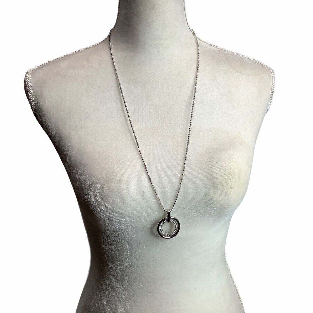 Cookie Lee Silver Tone 2 Circle Hoop‎ RhinestonePendant Necklace 32" total